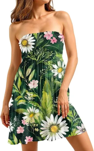 Summer Dresses for Women Casual Beach Cover Ups Strapless Floral Print Sleeveless Boho Floral Sundress Plus Size