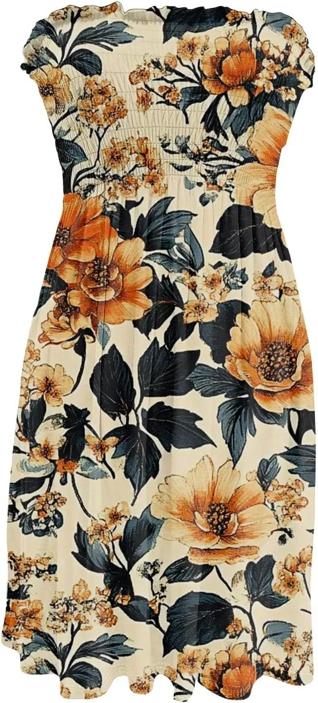 Summer Dresses for Women Casual Beach Cover Ups Strapless Floral Print Sleeveless Boho Floral Sundress Plus Size