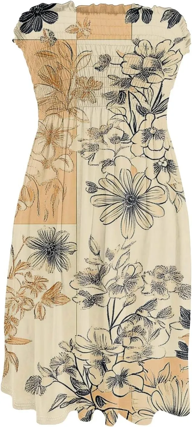 Summer Dresses for Women Casual Beach Cover Ups Strapless Floral Print Sleeveless Boho Floral Sundress Plus Size