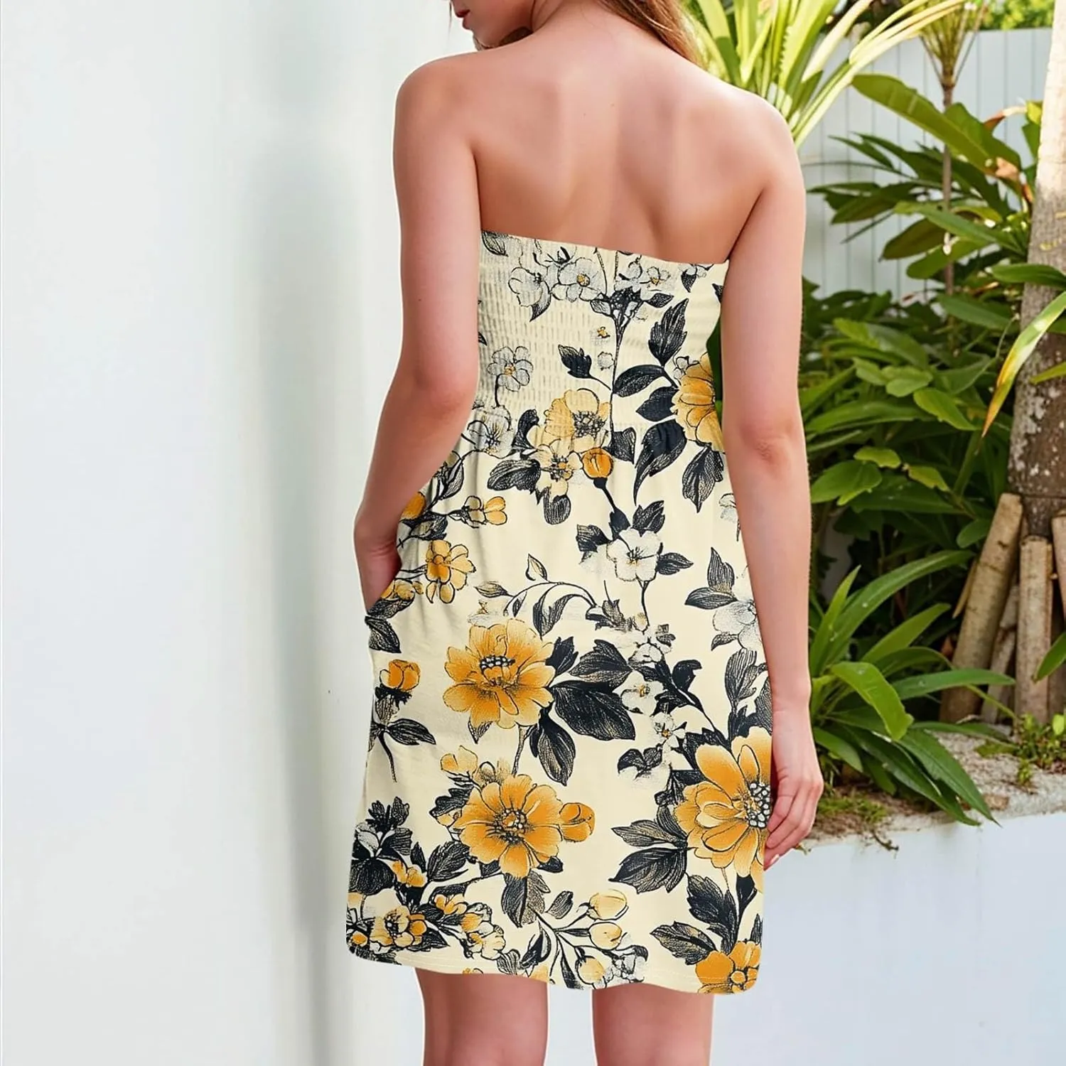 Summer Dresses for Women Casual Beach Cover Ups Strapless Floral Print Sleeveless Boho Floral Sundress Plus Size