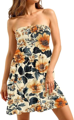 Summer Dresses for Women Casual Beach Cover Ups Strapless Floral Print Sleeveless Boho Floral Sundress Plus Size