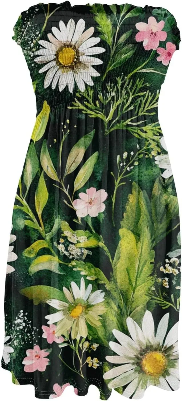 Summer Dresses for Women Casual Beach Cover Ups Strapless Floral Print Sleeveless Boho Floral Sundress Plus Size