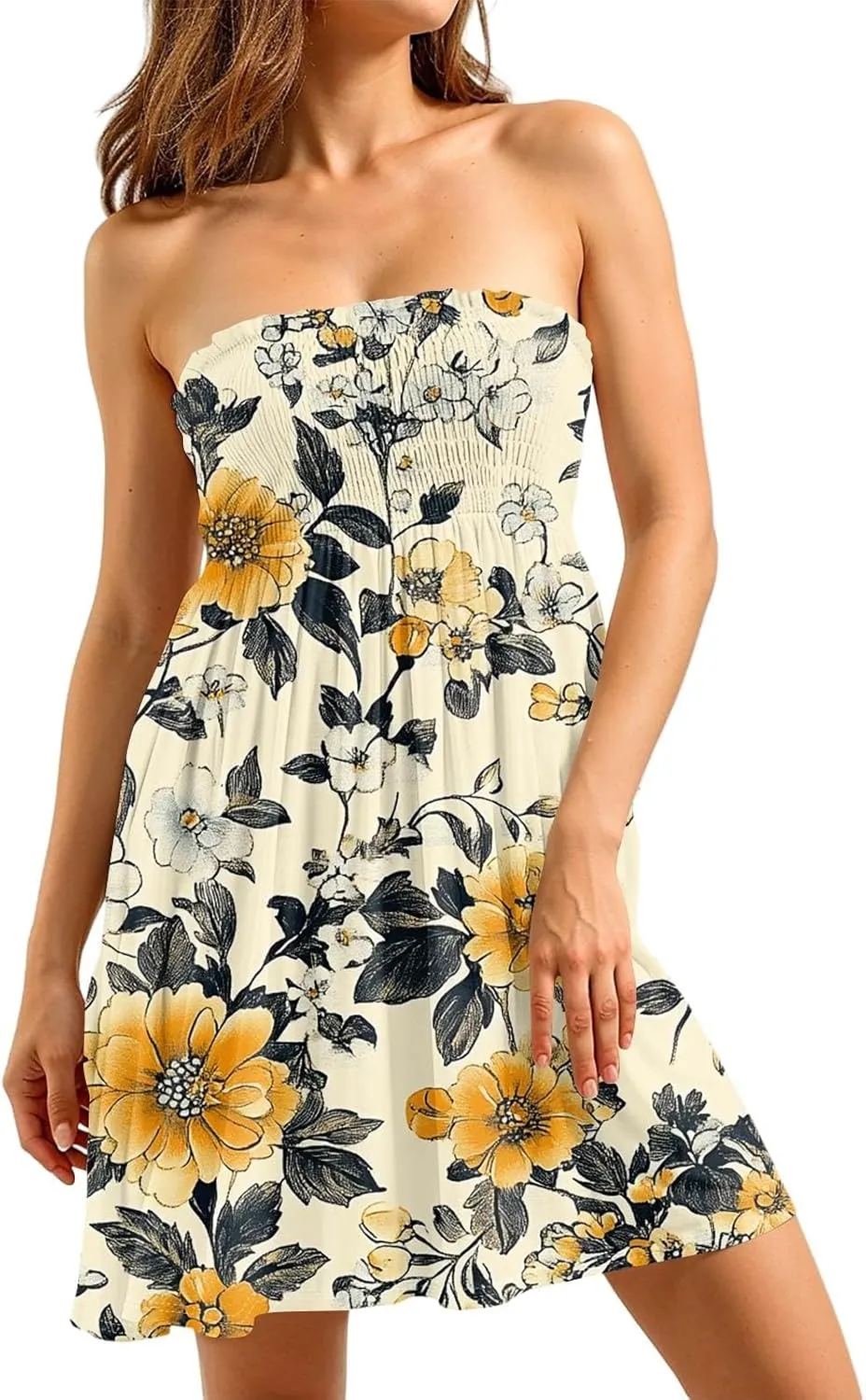 Summer Dresses for Women Casual Beach Cover Ups Strapless Floral Print Sleeveless Boho Floral Sundress Plus Size