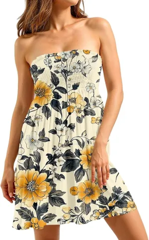 Summer Dresses for Women Casual Beach Cover Ups Strapless Floral Print Sleeveless Boho Floral Sundress Plus Size