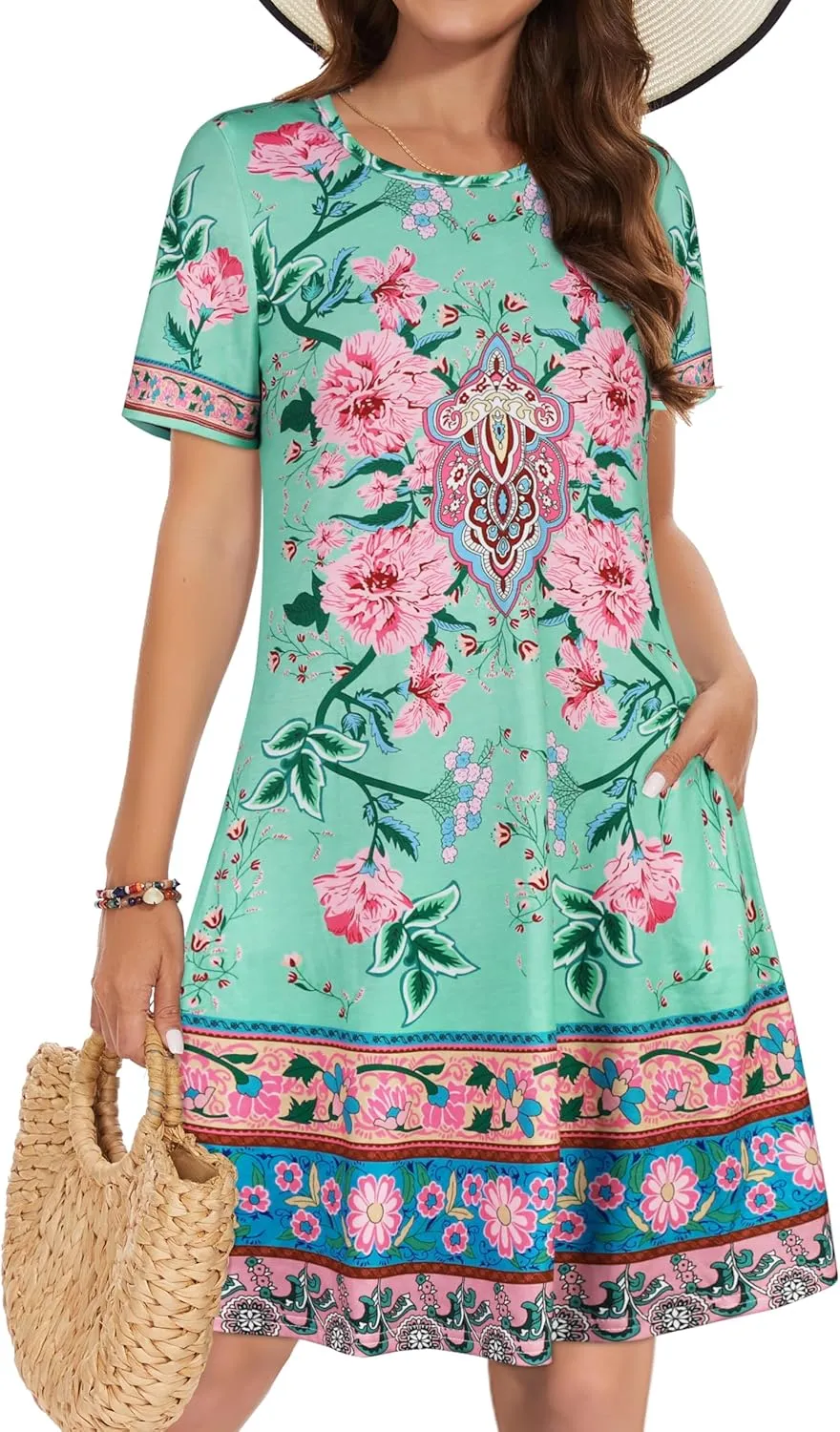 Summer Dresses for Women Casual Tshirt Short Sleeve Floral Sundress Beach Cover Ups with Pockets