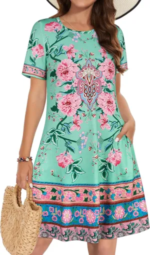 Summer Dresses for Women Casual Tshirt Short Sleeve Floral Sundress Beach Cover Ups with Pockets