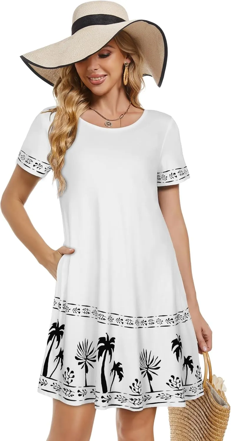 Summer Dresses for Women Casual Tshirt Short Sleeve Floral Sundress Beach Cover Ups with Pockets