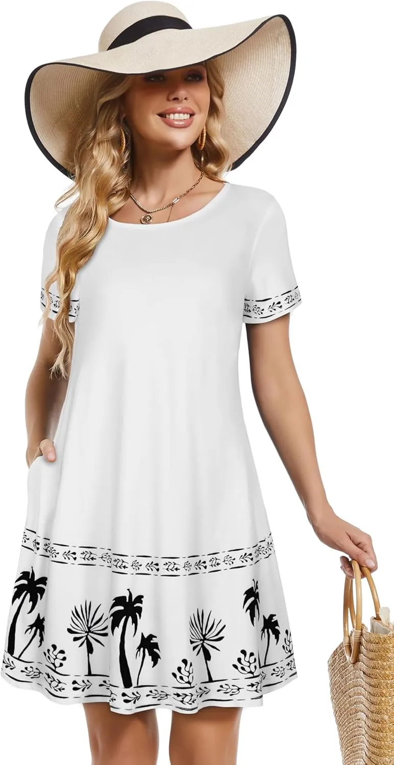 Summer Dresses for Women Casual Tshirt Short Sleeve Floral Sundress Beach Cover Ups with Pockets