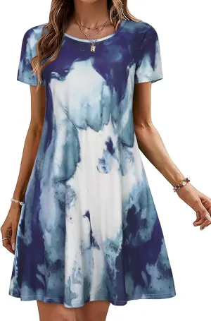 Summer Dresses for Women Casual Tshirt Short Sleeve Floral Sundress Beach Cover Ups with Pockets