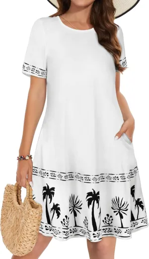 Summer Dresses for Women Casual Tshirt Short Sleeve Floral Sundress Beach Cover Ups with Pockets