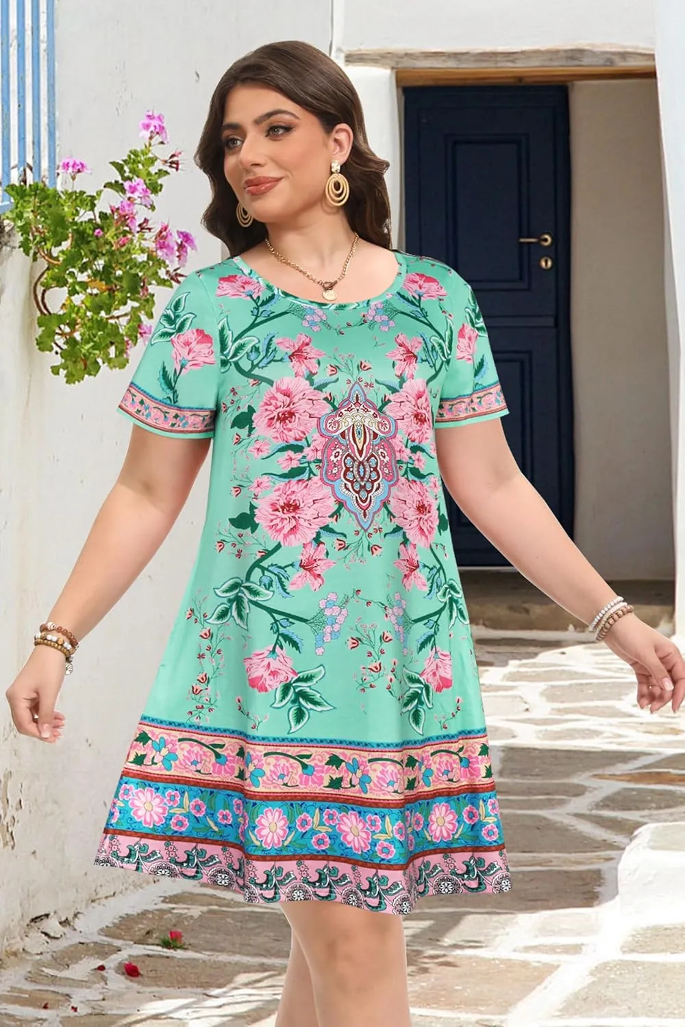 Summer Dresses for Women Casual Tshirt Short Sleeve Floral Sundress Beach Cover Ups with Pockets