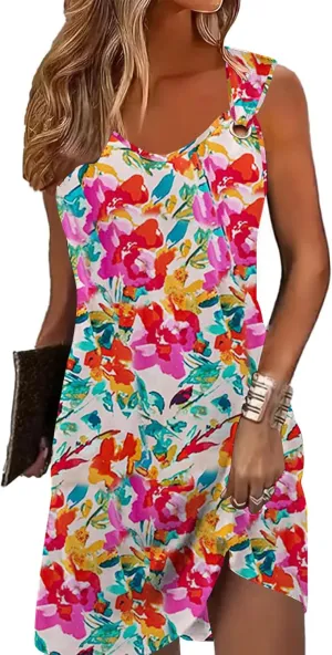 Summer Dresses for Women Sleeveless Casual Sundresses Loose Beach Cover Ups Trendy Tank Midi Sun Dress