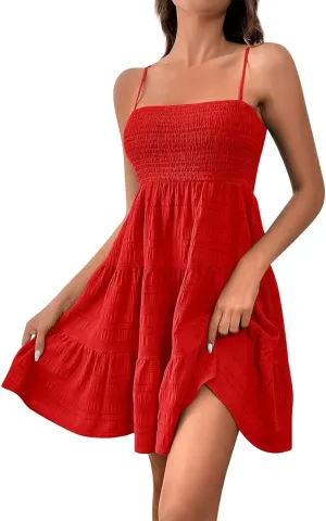 Summer Dresses for Women Sleeveless Mini Dress Spaghetti Strap Ruffle Hem Sundress Tiered Elastic Textured Dress