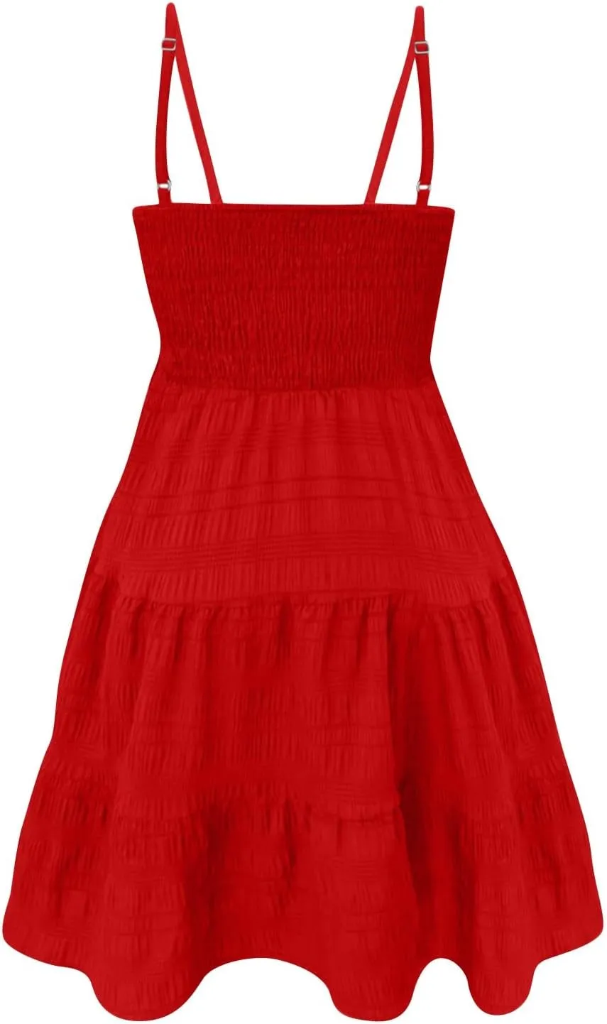 Summer Dresses for Women Sleeveless Mini Dress Spaghetti Strap Ruffle Hem Sundress Tiered Elastic Textured Dress