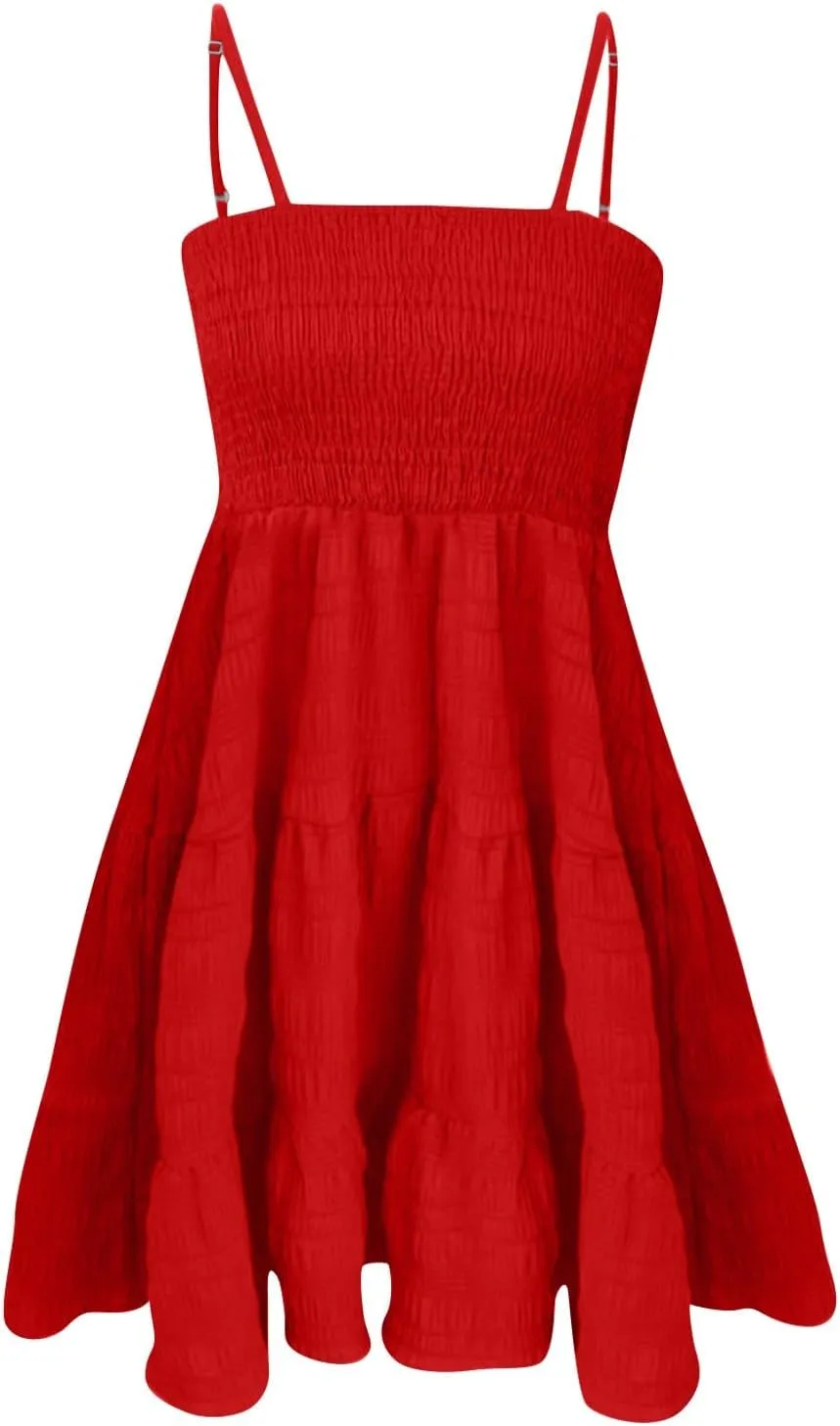 Summer Dresses for Women Sleeveless Mini Dress Spaghetti Strap Ruffle Hem Sundress Tiered Elastic Textured Dress