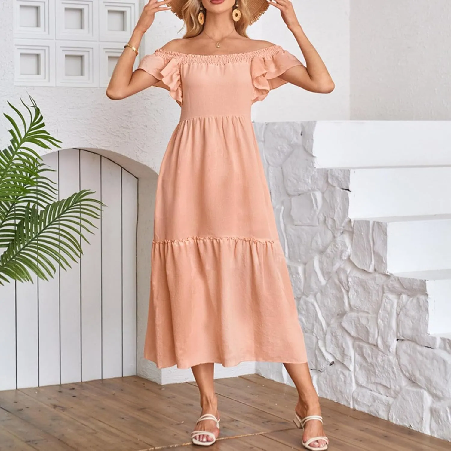 Summer Ruffle Strap Sleeveless Dress for Women Square Neck Pleated A Line Tiered Maxi Dress Holiday Beachwear