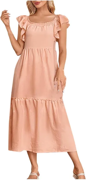 Summer Ruffle Strap Sleeveless Dress for Women Square Neck Pleated A Line Tiered Maxi Dress Holiday Beachwear
