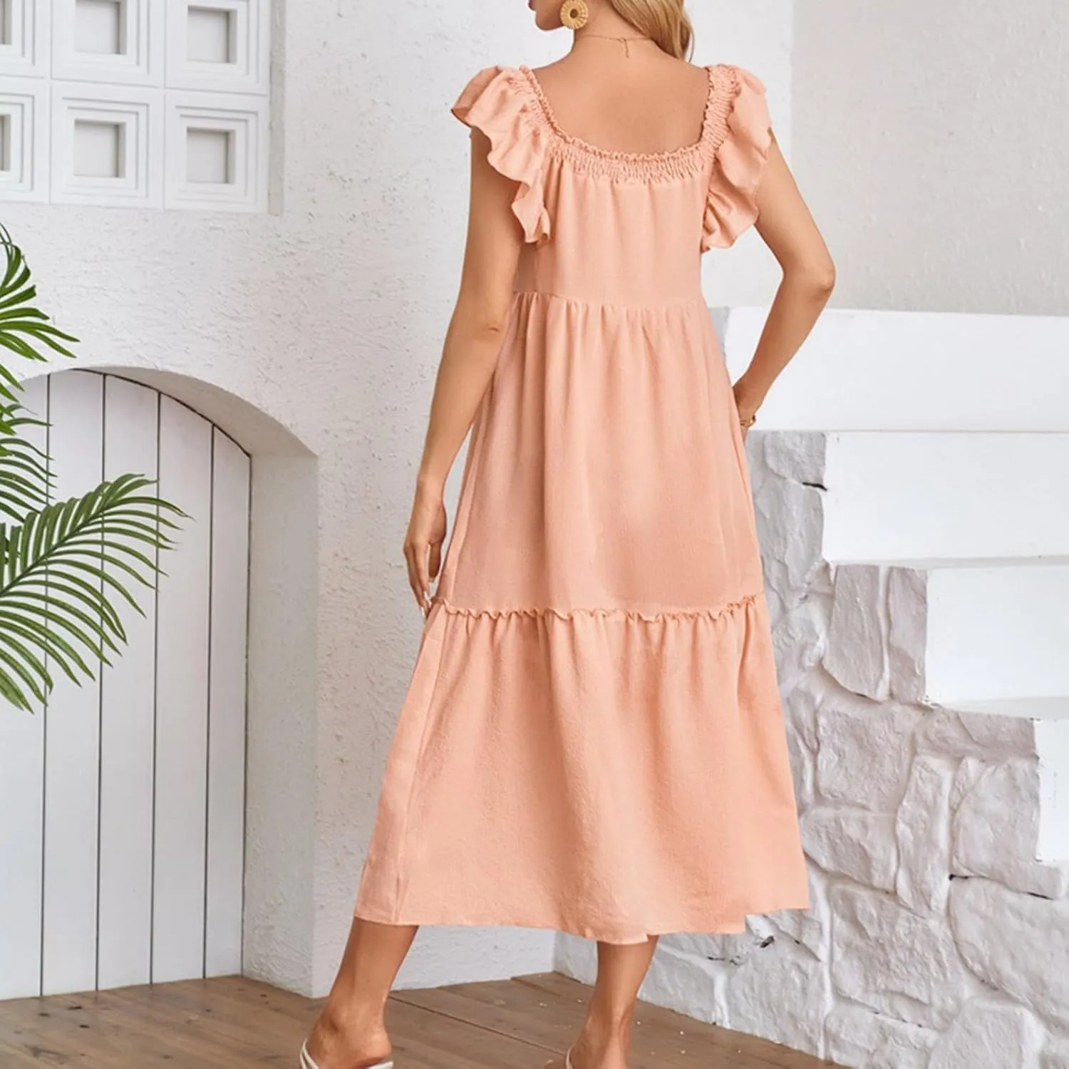 Summer Ruffle Strap Sleeveless Dress for Women Square Neck Pleated A Line Tiered Maxi Dress Holiday Beachwear