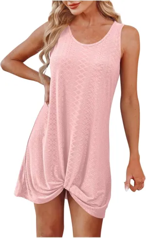 Summer Sundress for Women 2025 Sleeveless Beach Swimsuit Cover Ups Boho Eyelet Tank Dresses Vacation Mini Dresses