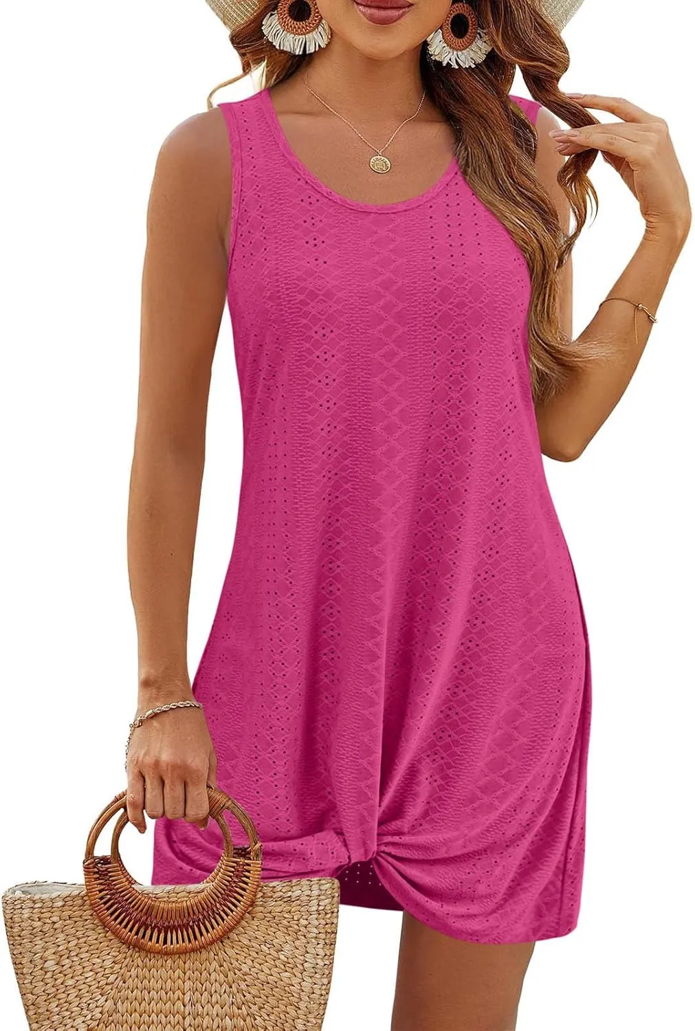 Summer Sundress for Women 2025 Sleeveless Beach Swimsuit Cover Ups Boho Eyelet Tank Dresses Vacation Mini Dresses