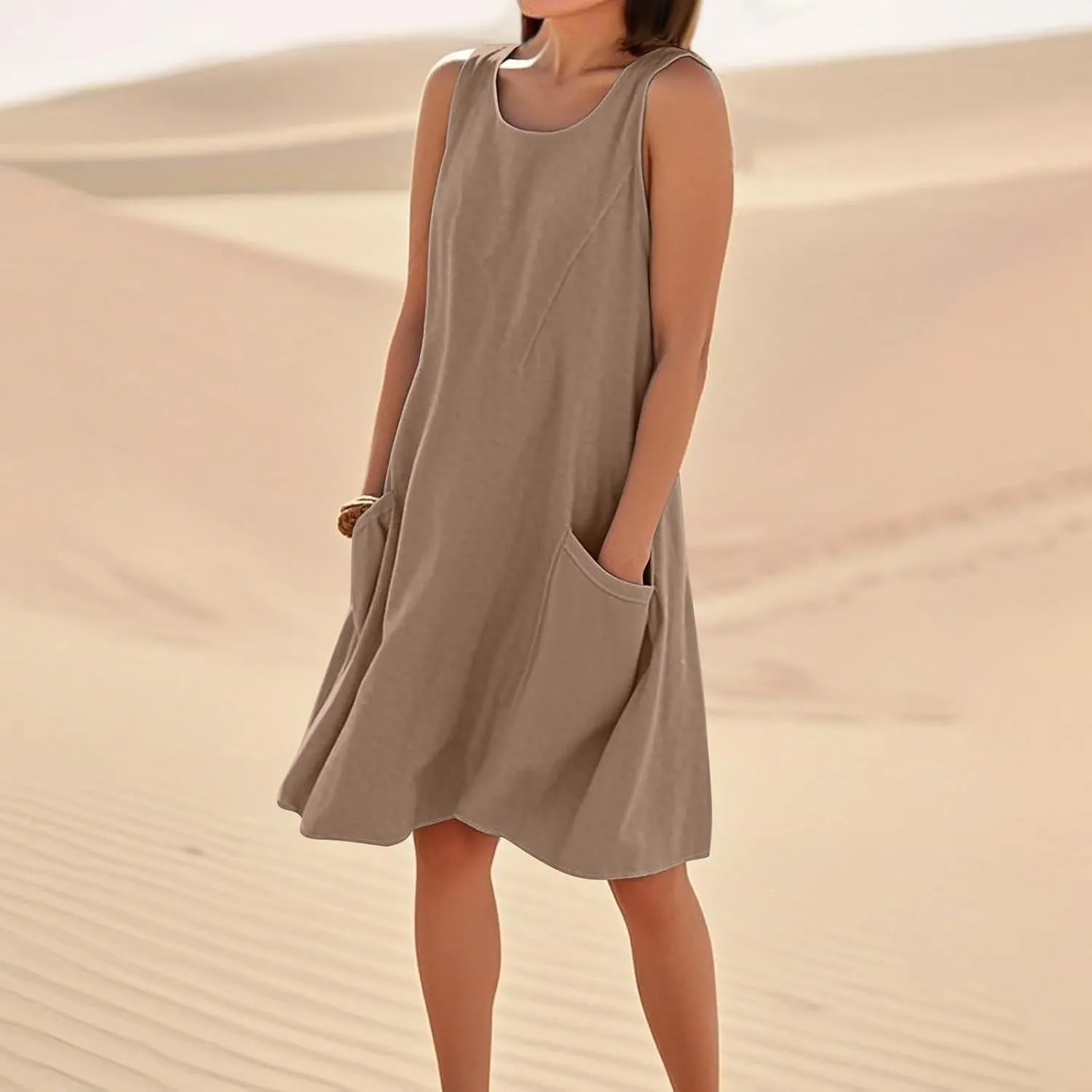 Summer Tank Dresses for Women 2025 Loose Beach Vacation Clothes Casual Sleeveless Linen Sundresses with Pockets