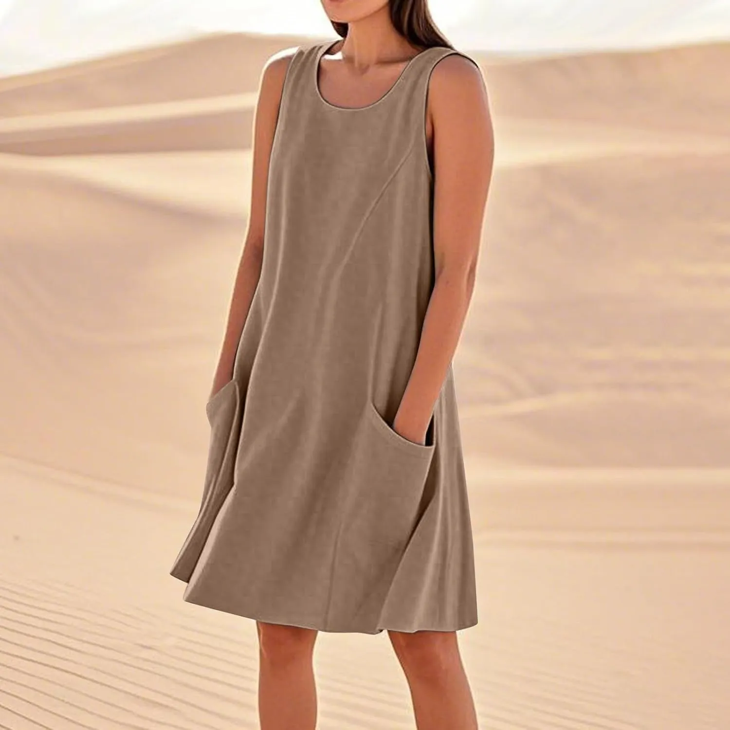 Summer Tank Dresses for Women 2025 Loose Beach Vacation Clothes Casual Sleeveless Linen Sundresses with Pockets