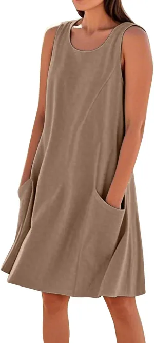 Summer Tank Dresses for Women 2025 Loose Beach Vacation Clothes Casual Sleeveless Linen Sundresses with Pockets