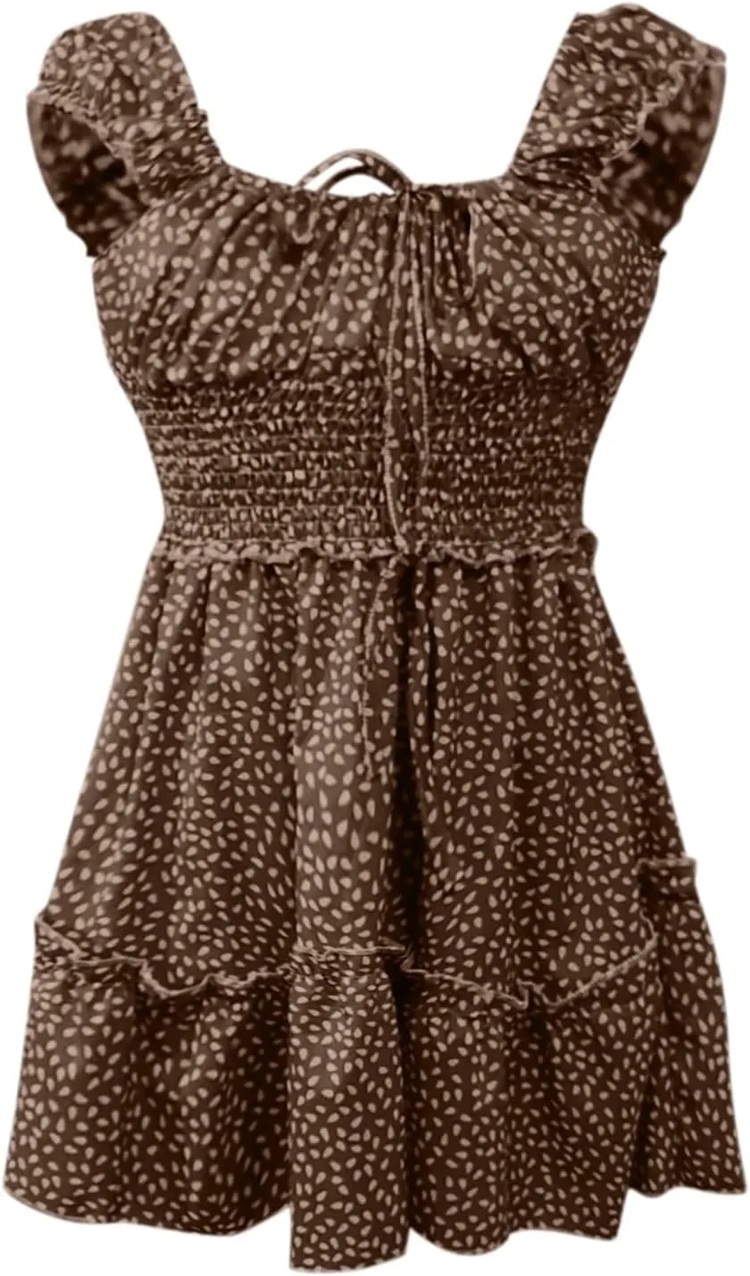 Summer Womens Smocked Dresses Ruffle Floral Tie Front Boho Sundress Sexy Fashion Print Neckline Mini Dress