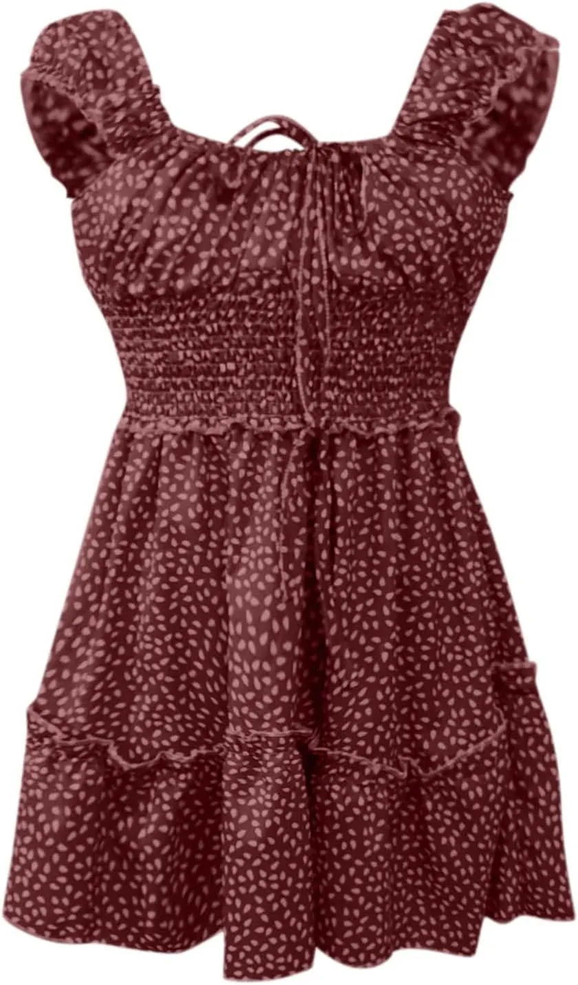 Summer Womens Smocked Dresses Ruffle Sleeve Floral Tie Front Boho Sundress Sexy Print Sweetheart Neckline Mini Dress