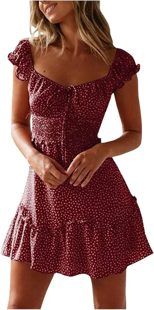 Summer Womens Smocked Dresses Ruffle Sleeve Floral Tie Front Boho Sundress Sexy Print Sweetheart Neckline Mini Dress