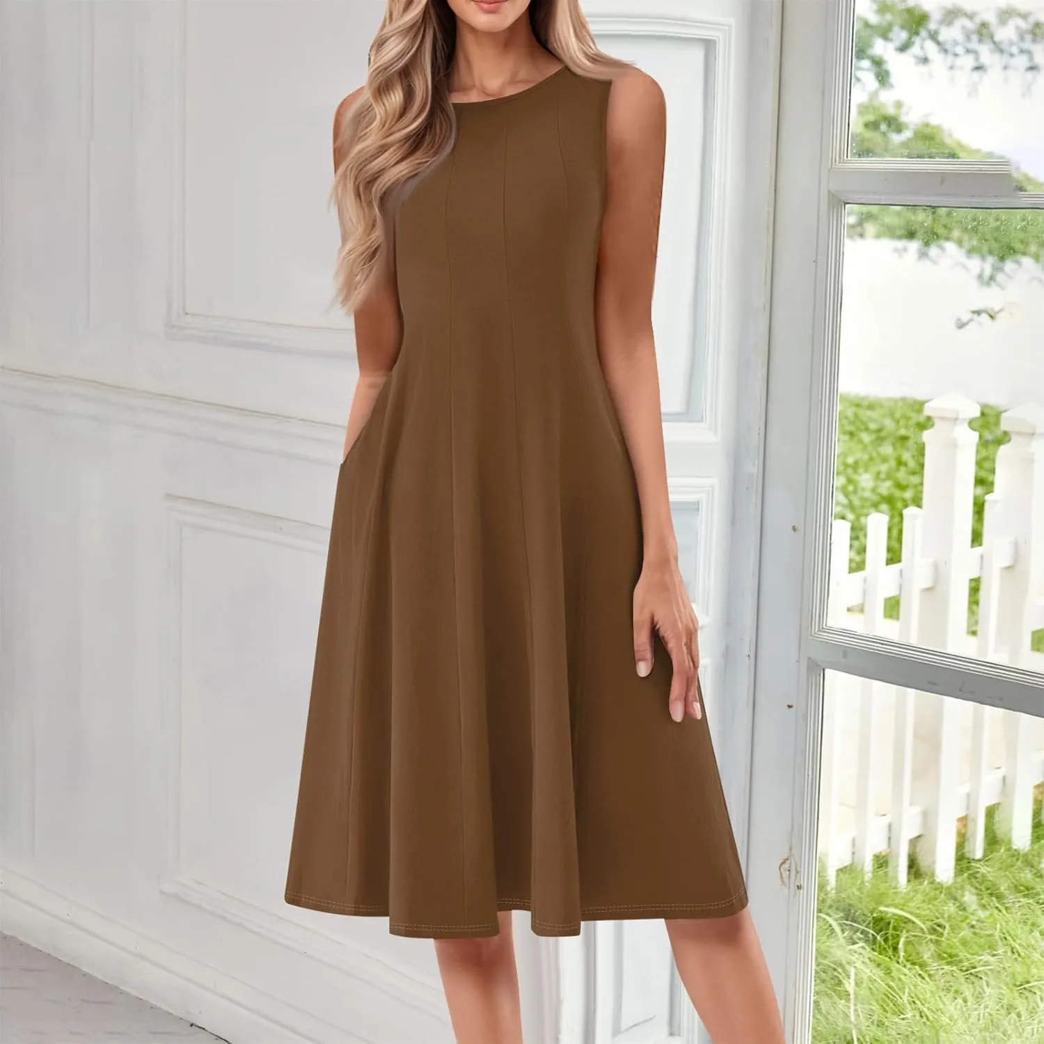 Sundresses for Women 2025 Trendy Crewneck Sleeve Summer Dresses Flowy Midi Dress Fashion Beach Vacation Outfits