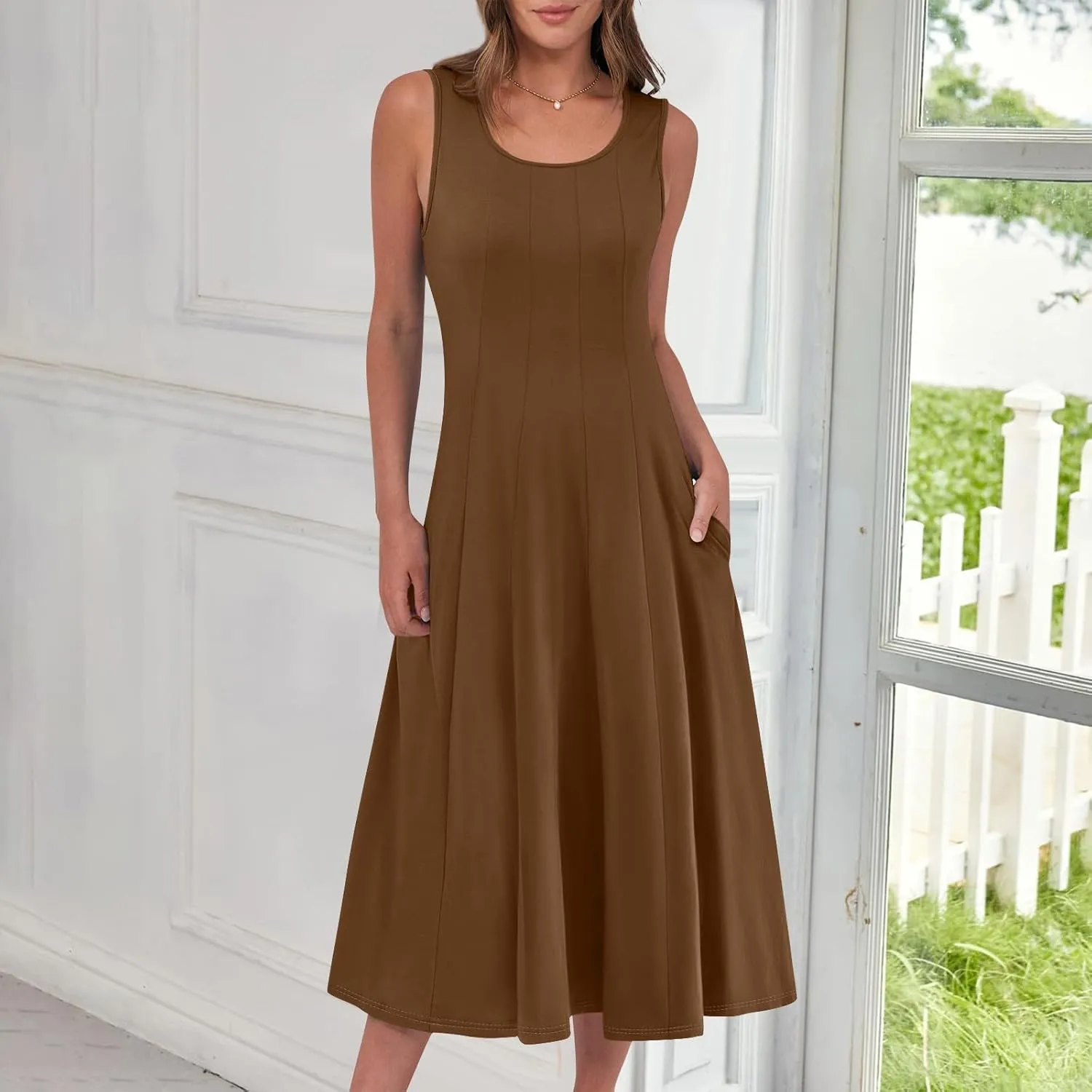 Sundresses for Women 2025 Trendy Crewneck Sleeve Summer Dresses Flowy Midi Dress Fashion Beach Vacation Outfits