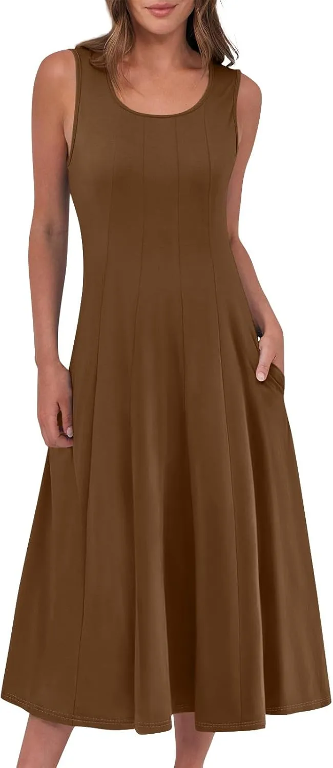Sundresses for Women 2025 Trendy Crewneck Sleeve Summer Dresses Flowy Midi Dress Fashion Beach Vacation Outfits