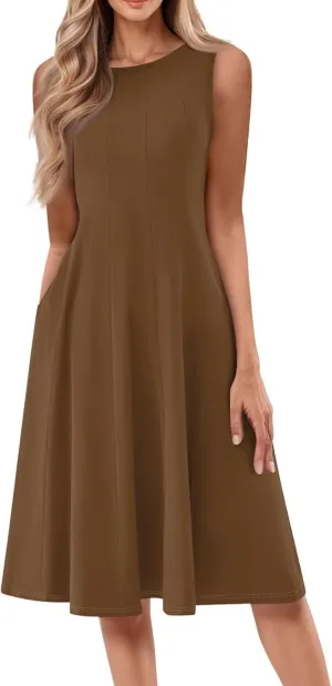 Sundresses for Women 2025 Trendy Crewneck Sleeve Summer Dresses Flowy Midi Dress Fashion Beach Vacation Outfits