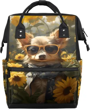 Sunflower Field Dog Sunglasses Diaper Bag Mommy Bags With Adjustable Shoulder Strap Waterproof Multifunction Shoulder Bag Travel Large Capacity Backpack for Moms And Dads