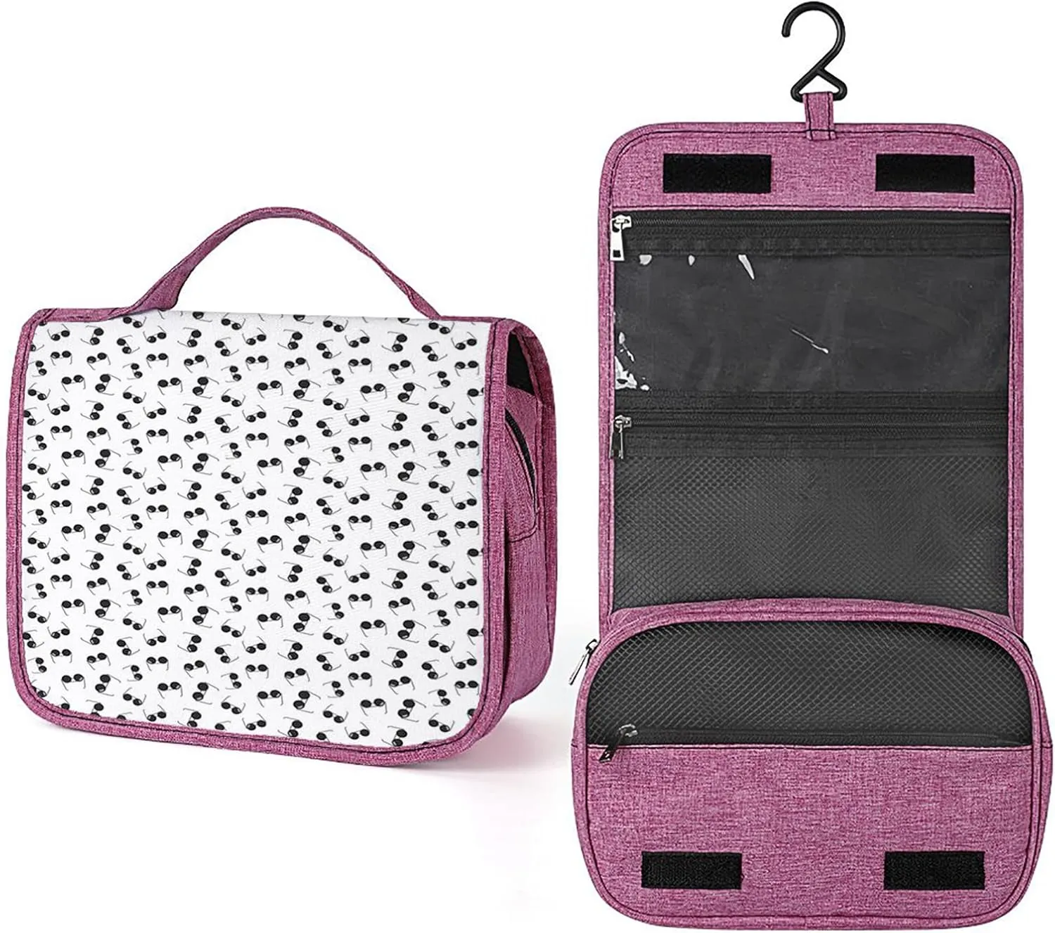 Sunglasses Print,Makeup Bag Cosmetic Travel Bag with Hanging Hook,Beach Eyeglasses on A Plain Background,Water-resistant Make Up Bag Organizer for,Full-size Container,Toiletries,Black White