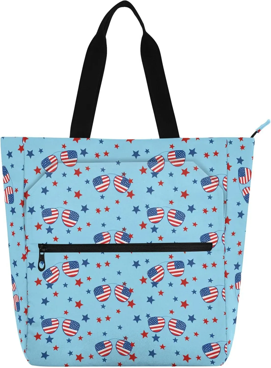 Sunglasses with American Flag Book Tote Bag with Zipper Pocket Large Capacity Casual Shoulder Bag for Women, Top Zipper Closure Holiday Gift