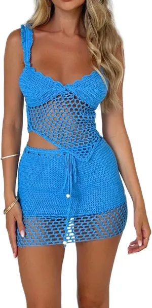 Sunloudy Women 2Pcs Crochet Knit Skirt Set Tube Crop Top   High Waist Bodycon Skirt Cover Up Beachwear