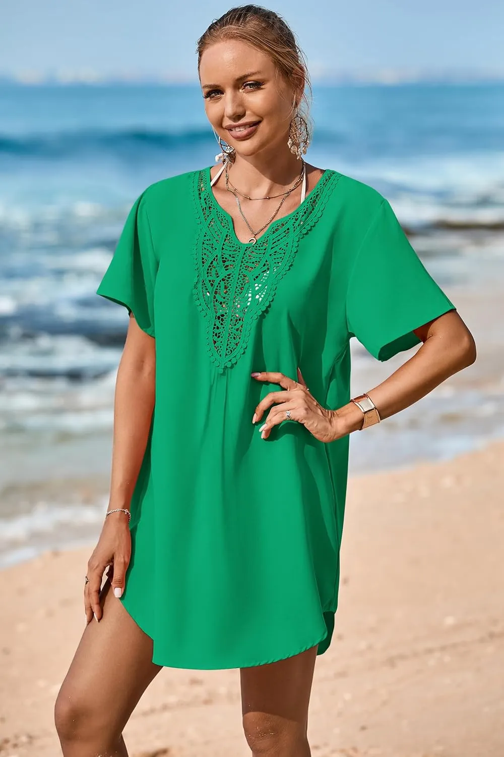 Supnier Womens Bathing Suit Cover Ups Lace Crochet V Neck Summer Beach Swimsuit Coverup Dress