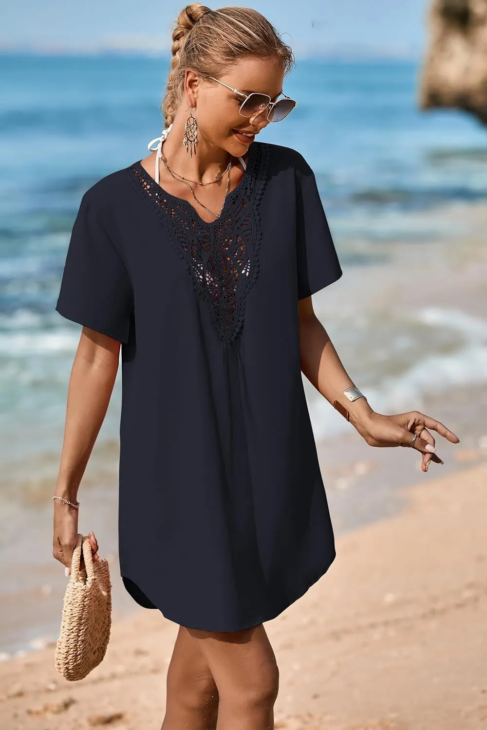 Supnier Womens Bathing Suit Cover Ups Lace Crochet V Neck Summer Beach Swimsuit Coverup Dress