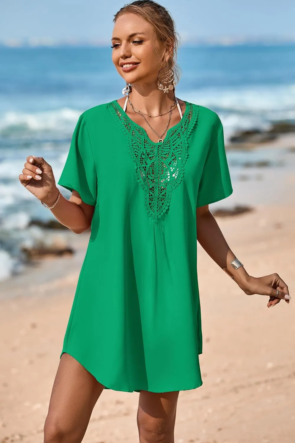 Supnier Womens Bathing Suit Cover Ups Lace Crochet V Neck Summer Beach Swimsuit Coverup Dress