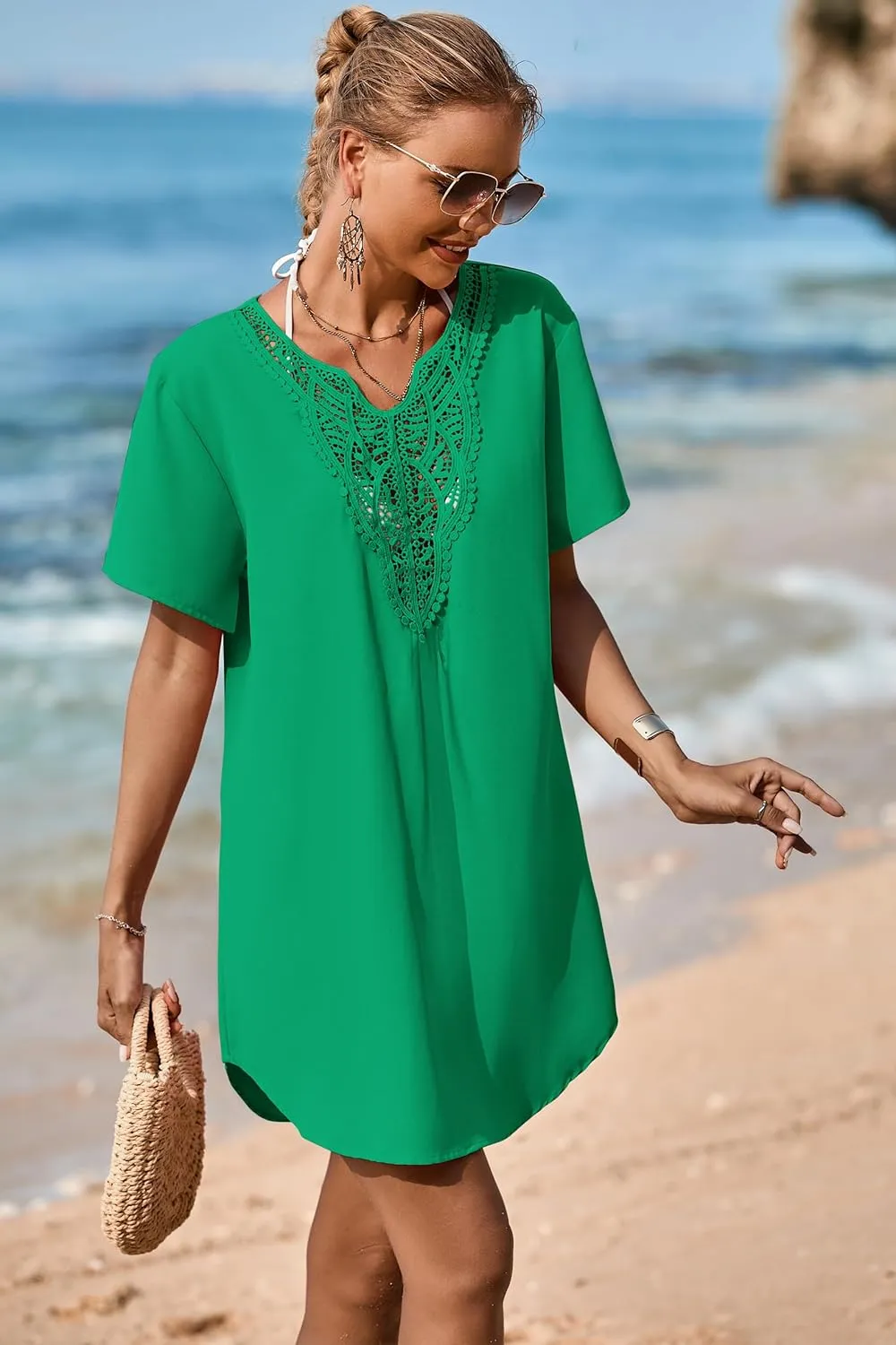 Supnier Womens Bathing Suit Cover Ups Lace Crochet V Neck Summer Beach Swimsuit Coverup Dress