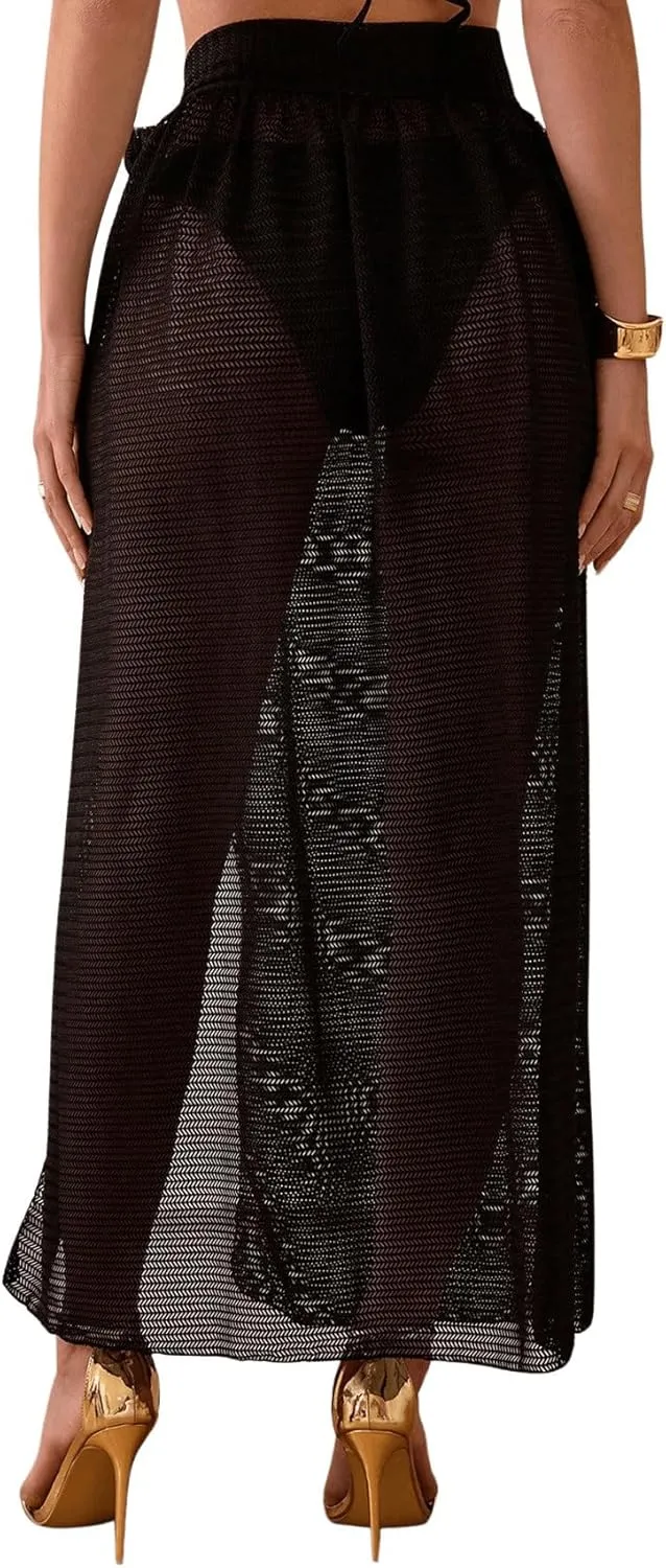 SweatyRocks Women's Sheer Mesh High Split Cover Ups Tie Knot Beach Long Skirts Swimwear Coverup