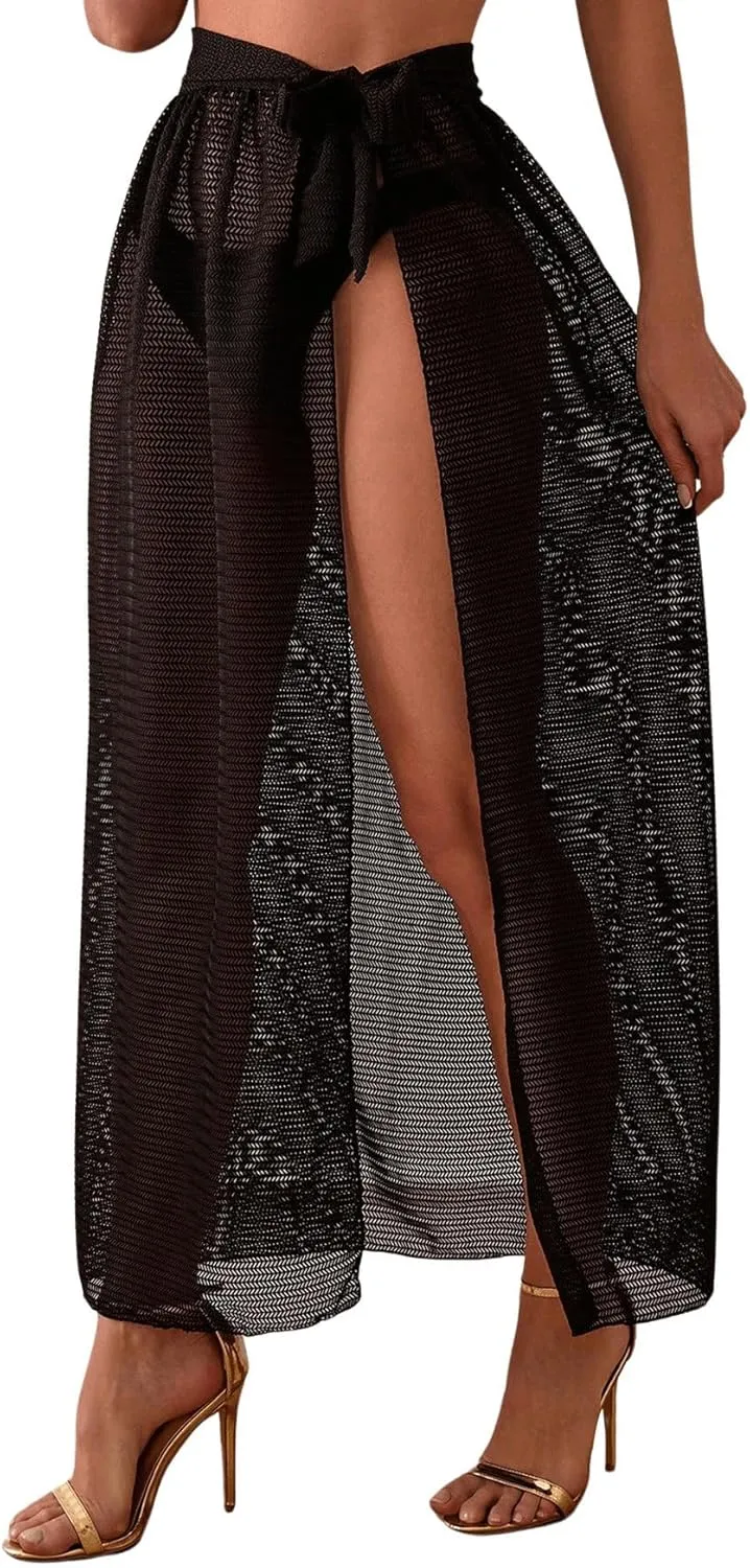 SweatyRocks Women's Sheer Mesh High Split Cover Ups Tie Knot Beach Long Skirts Swimwear Coverup