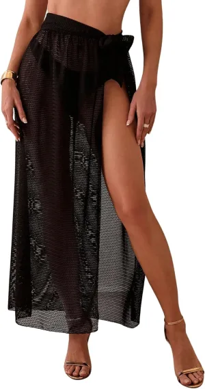 SweatyRocks Women's Sheer Mesh High Split Cover Ups Tie Knot Beach Long Skirts Swimwear Coverup