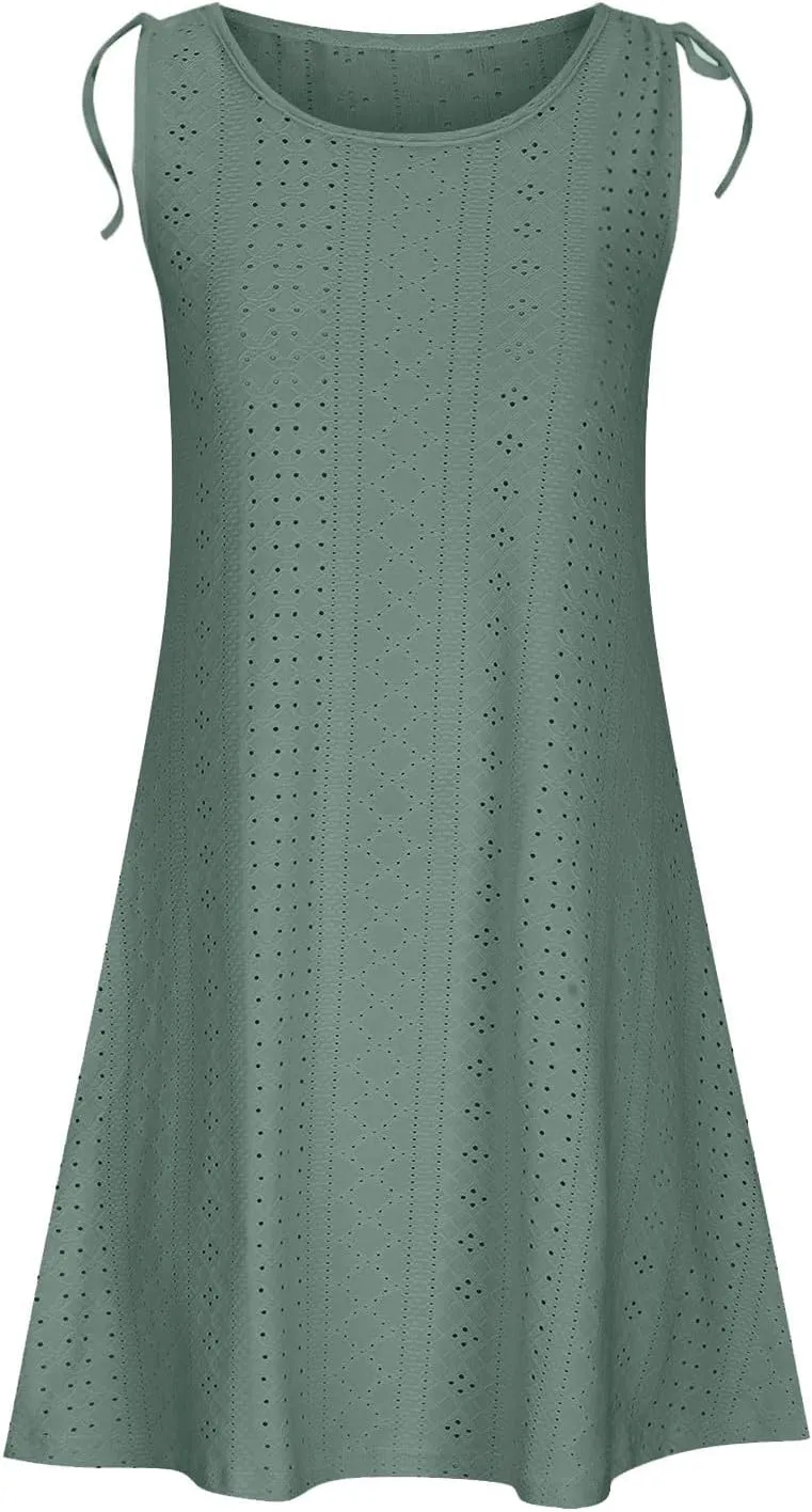 TANGNADE Women Summer Casual Dresses Sleeveless Eyelet Tank Sundress Pockets Flowy A-Line Swing Mini Beach Vacation Dress