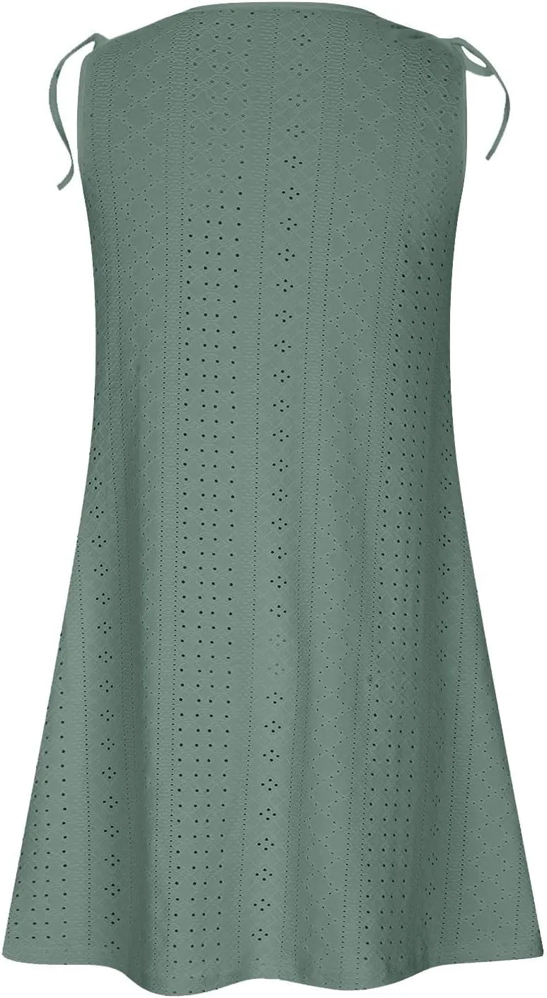TANGNADE Women Summer Casual Dresses Sleeveless Eyelet Tank Sundress Pockets Flowy A-Line Swing Mini Beach Vacation Dress
