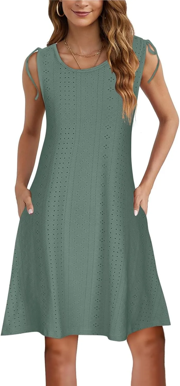 TANGNADE Women Summer Casual Dresses Sleeveless Eyelet Tank Sundress Pockets Flowy A-Line Swing Mini Beach Vacation Dress