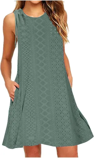 TANGNADE Women Summer Casual Dresses Sleeveless Eyelet Tank Sundress Pockets Flowy A-Line Swing Mini Beach Vacation Dress