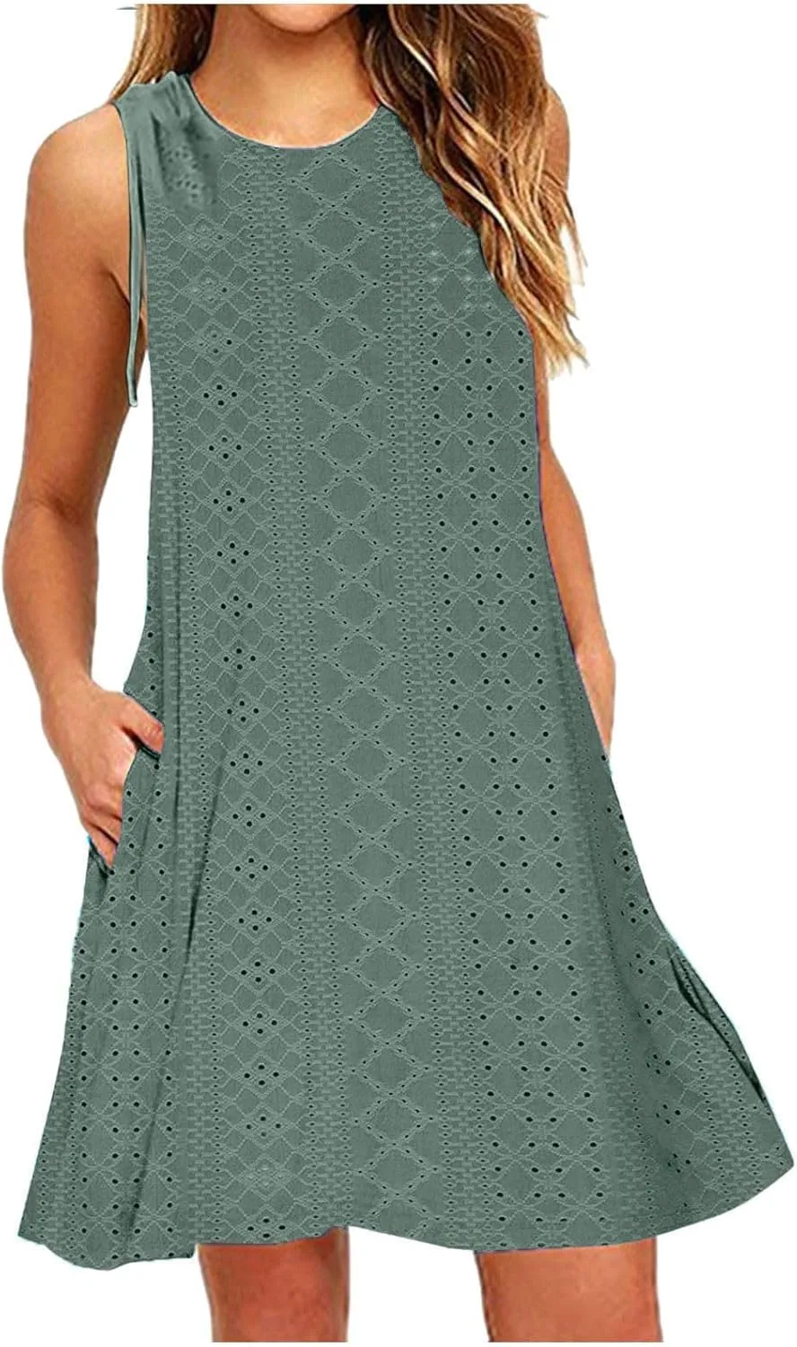 TANGNADE Women Summer Casual Dresses Sleeveless Eyelet Tank Sundress Pockets Flowy A-Line Swing Mini Beach Vacation Dress